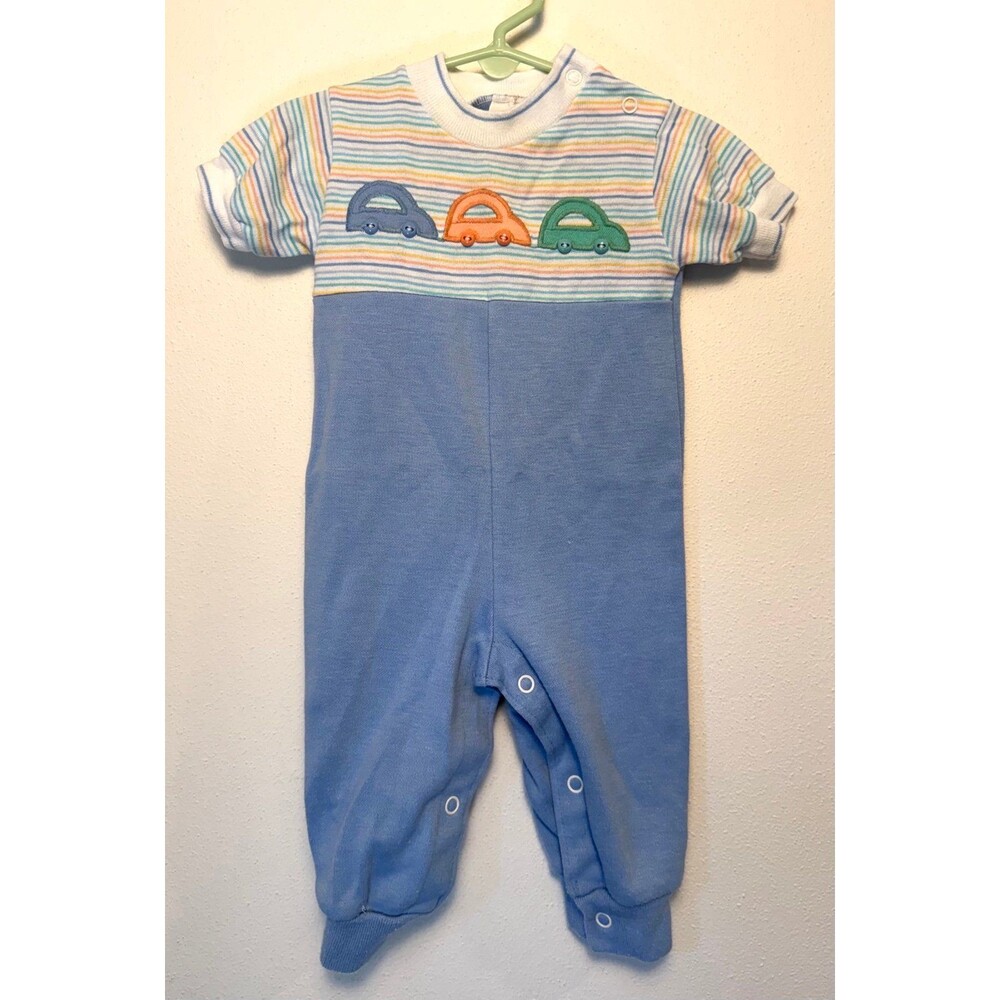 Baby Boys Striped Car Print Blue Romper